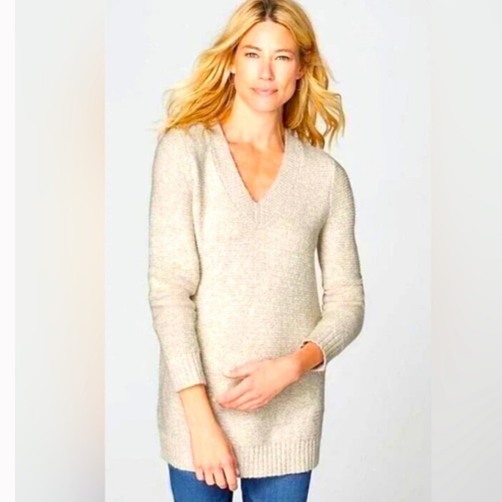 J. Jill V-neck long sleeve oatmeal heather cotton blend ribbed trim M sweater - Picture 2 of 13